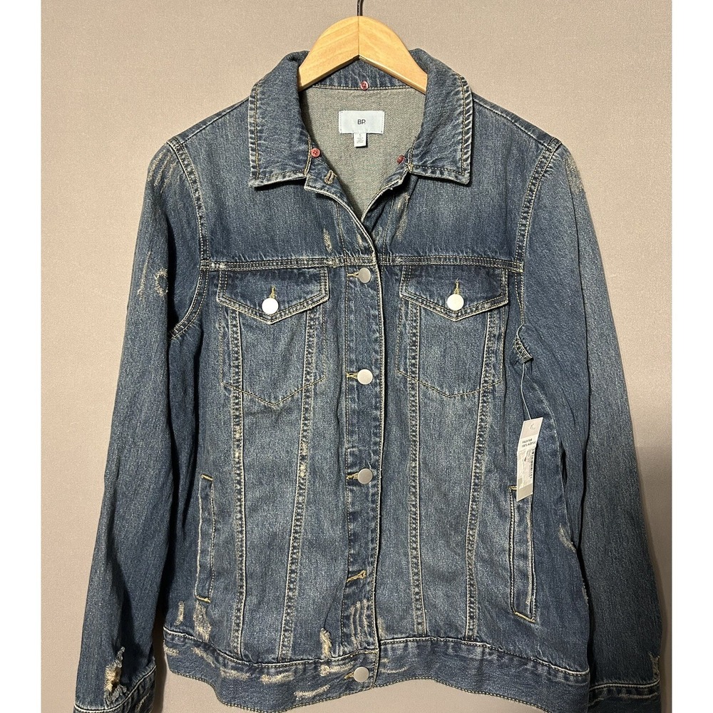 BP Nordstrom Denim Jacket Small Distressed Trucker Faux Fur Collar Oversized
